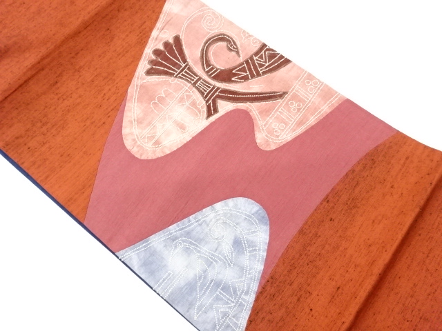 手織り紬相良刺繍切り嵌め抽象模様袋帯